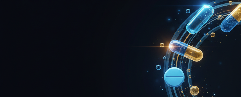 Abstract 3D illustration of glowing blue and gold capsules and medical tablets flowing in a circular motion on a dark, professional background.