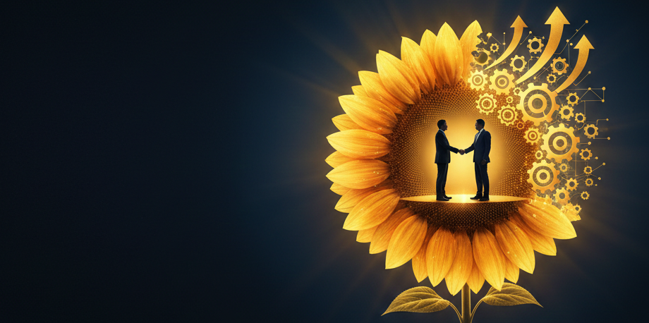 A glowing sunflower on the right side of a dark background, featuring two professionals shaking hands at its center, with golden gears and upward-rising arrows integrated into its petals.