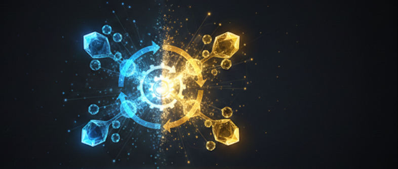Symmetrical abstract representation of circular gears and crystalline molecular structures in blue and gold, positioned on the right with a deep black negative space on the left